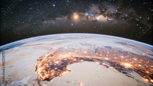 Earth from Space: A Panoramic View of Glowing City Lights and the Starry Horizon at Dusk photo