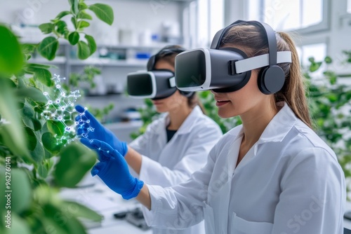 Futuristic Biotech Lab: Researchers Using Virtual Reality for Molecular Manipulation