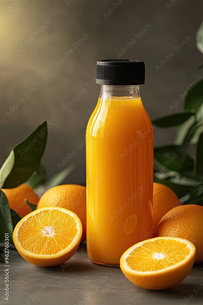Fresh Orange Juice Bottle With Sliced Oranges isolated on a white background Fresh Orange Juice Bottle With Sliced Oranges isolated on a white background