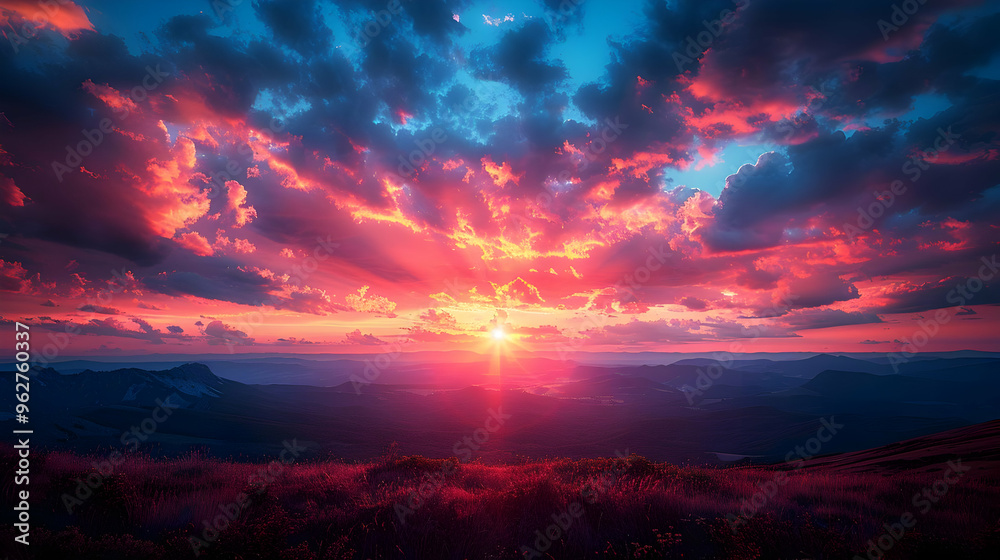 Mountain Sunset with Red and Blue Sky, Illustration Mountain Sunset with Red and Blue Sky, Illustration