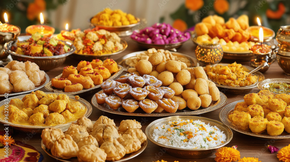 a vibrant and colorful Diwali feast table filled with traditional Indian festive foods. The table should feature a variety of sweets and snack a vibrant and colorful Diwali feast table filled with traditional Indian festive foods. The table should feature a variety of sweets and snack