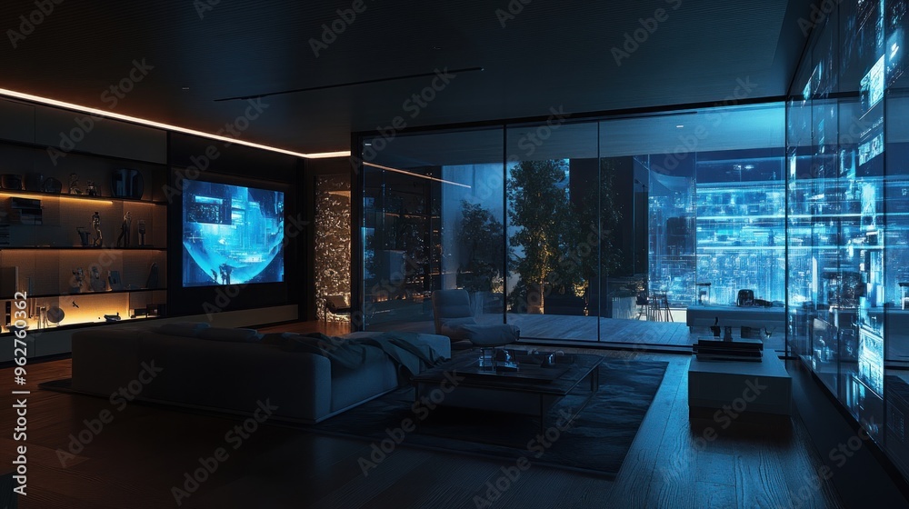 A modern, dimly-lit living room with blue lighting and large glass windows showcasing a city view. A modern, dimly-lit living room with blue lighting and large glass windows showcasing a city view.