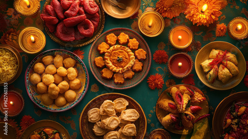 a vibrant and colorful Diwali feast table filled with traditional Indian festive foods. The table should feature a variety of sweets and snack photo