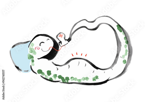2025年巳年年賀状用　寝そべってお餅を食べているへびの手書き和風イラスト
