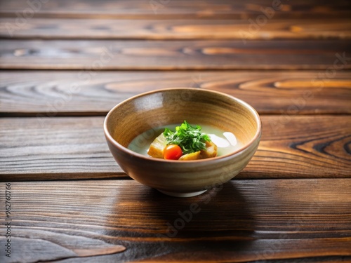 A simple ceramic bowl rests on the wooden table, holding a humble portion of sustenance, evoking quiet contemplation. photo