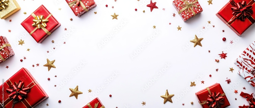 Festive Red and Gold Gift Boxes with Stars on White Background Festive Red and Gold Gift Boxes with Stars on White Background