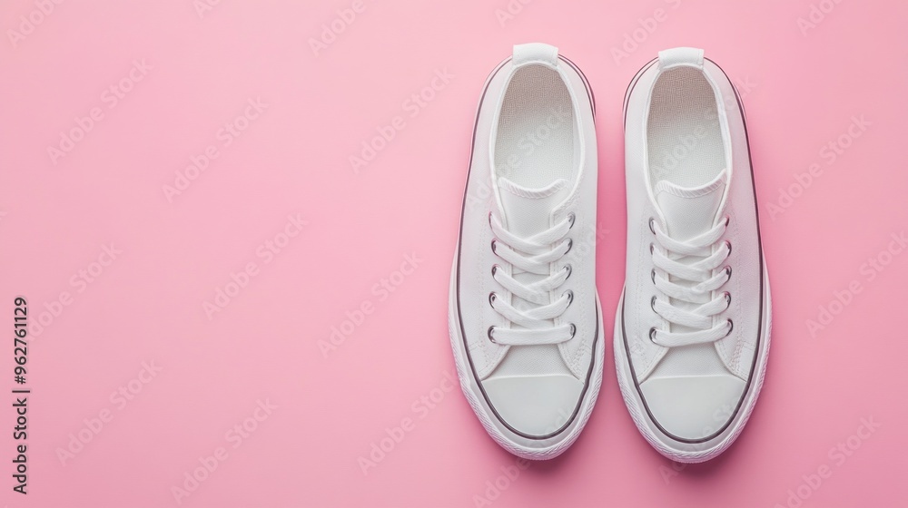 A pair of white sneakers on a pink background, showcasing casual footwear style. A pair of white sneakers on a pink background, showcasing casual footwear style.