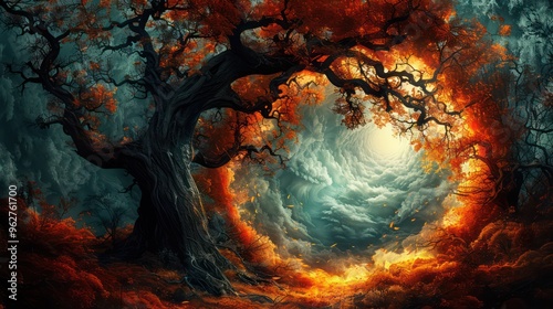 A mystical forest scene with vibrant autumn colors and a swirling sky, evoking a sense of wonder.