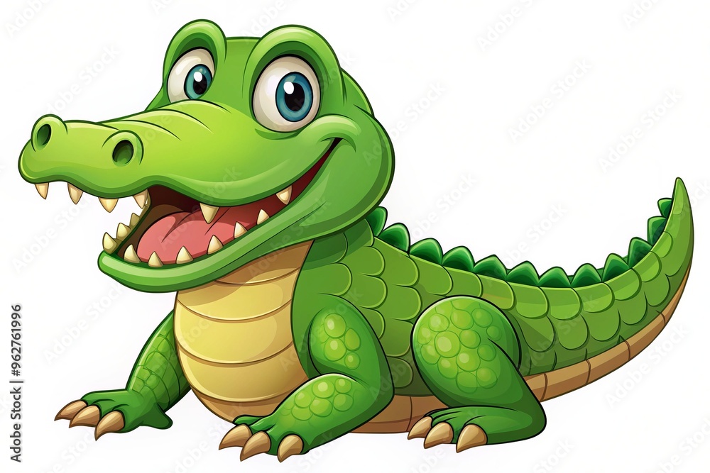 Fototapeta premium A smiling green crocodile with a beaming grin and sparkling eyes looks directly ahead, exuding happiness and