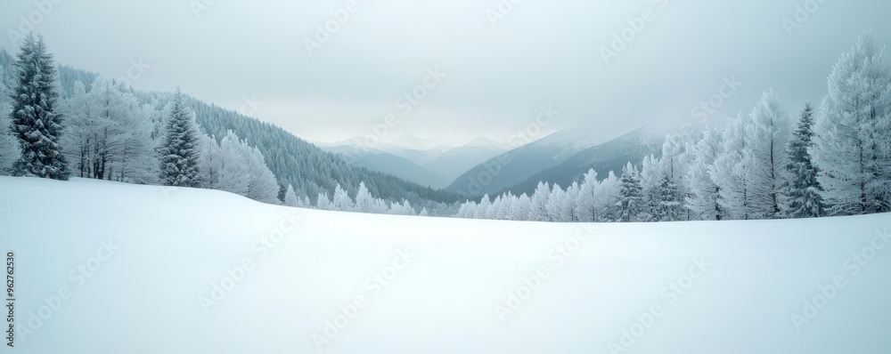 Obraz premium A serene winter landscape featuring snow-covered trees and a misty mountain view, evoking tranquility and natural beauty.
