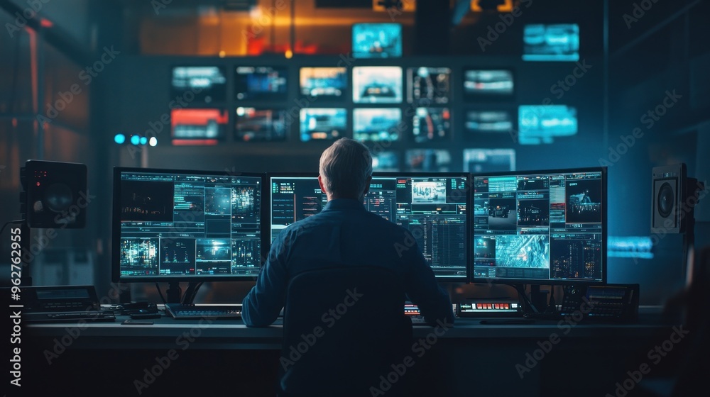 A person monitors multiple screens in a high-tech control room.
