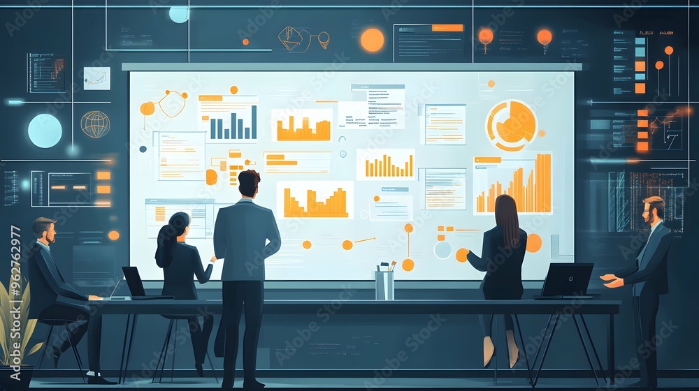 Business Team Analyzing Data on a Large Screen Illustration Business Team Analyzing Data on a Large Screen Illustration