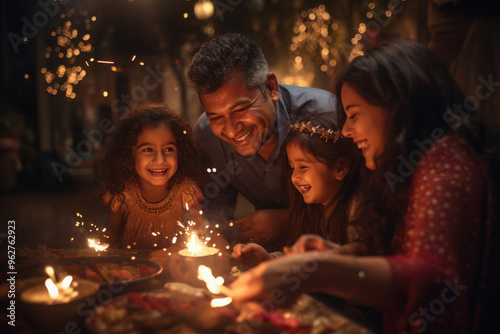 indian family playing with sparklers celebrating diwali