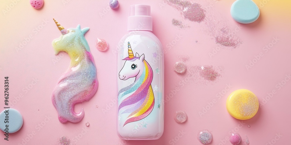 Pink unicorn themed spray bottle and glitter. Pink unicorn themed spray bottle and glitter.
