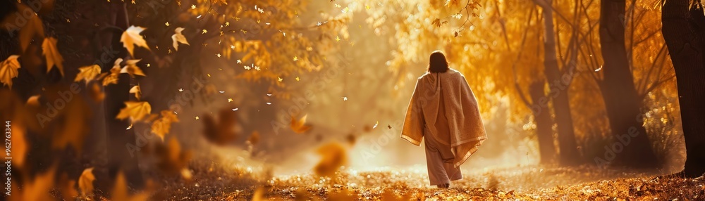 Fototapeta premium Golden autumn leaves falling around Jesus as he walks through a forest
