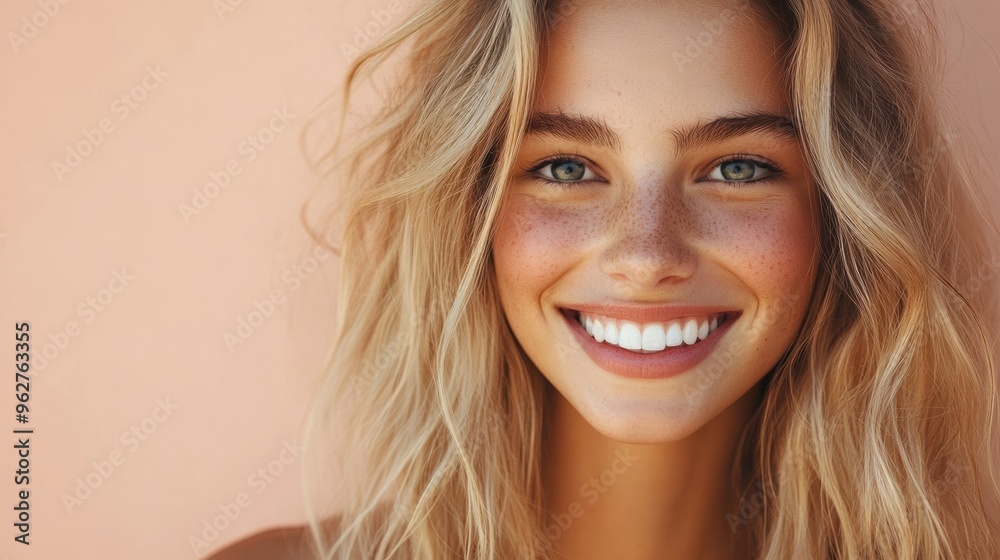 A young woman with a bright smile, long wavy hair, and freckles, posing against a soft peach background, exuding warmth and confidence A young woman with a bright smile, long wavy hair, and freckles, posing against a soft peach background, exuding warmth and confidence