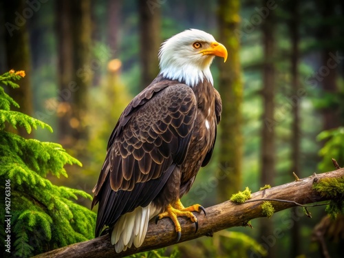 A Bald Eagle With White Feathers And A Yellow Beak Perched On A Branch With A Forest Backdrop.