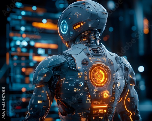 Futuristic Robot Illustration with Orange Lights in a Cyberpunk City