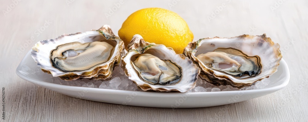 Fresh oysters served on ice with a lemon slice, perfect for seafood lovers and gourmet dishes. Fresh oysters served on ice with a lemon slice, perfect for seafood lovers and gourmet dishes.