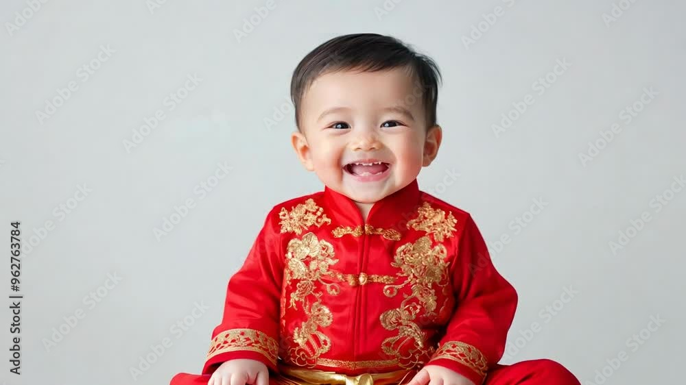 Asian baby in traditional red and gold attire smiling, perfect for Lunar New Year, Chinese New Year celebrations, and cultural festivals Asian baby in traditional red and gold attire smiling, perfect for Lunar New Year, Chinese New Year celebrations, and cultural festivals