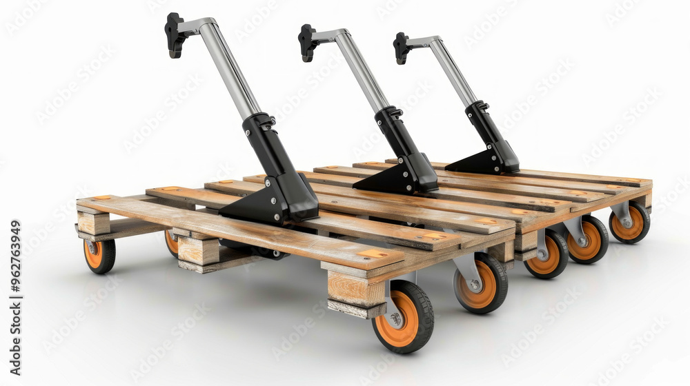 Pallet Jacks: Wheeled devices for moving pallets of luggage or goods isolated on white background Pallet Jacks: Wheeled devices for moving pallets of luggage or goods isolated on white background