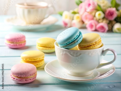 A Charming Still Life Featuring Pastel Blue, Pink, And Yellow Macarons Alongside A Delicate Teacup And Saucer On