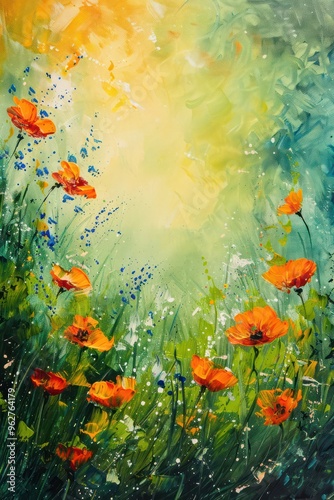 A vibrant painting of orange flowers in a lush green field under a bright sky.