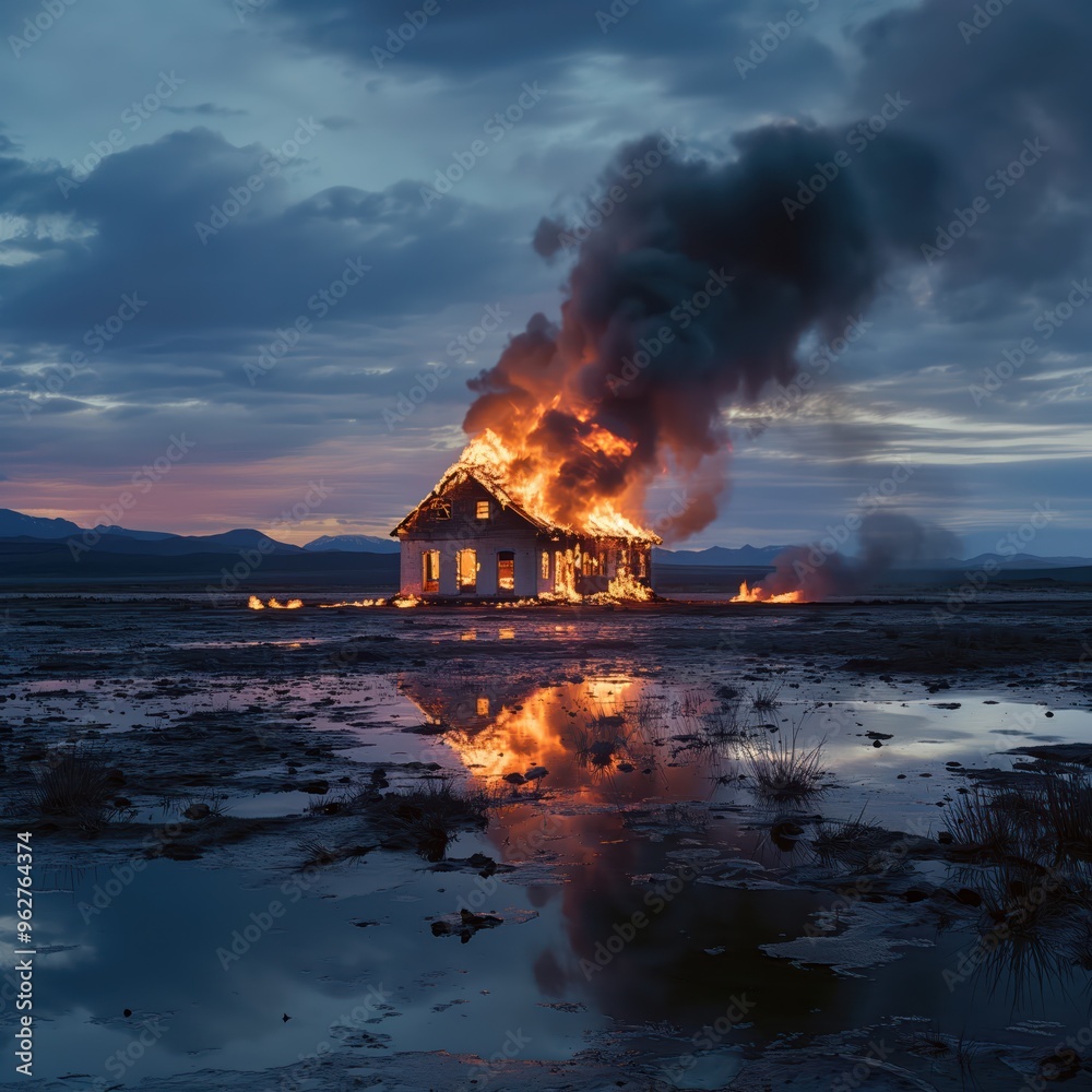 Fototapeta premium Dilapidated house engulfed in flames amidst desolate wet plain with puddles reflecting the burning structure. Dark clouds fill the sky adding to the eerie atmosphere.