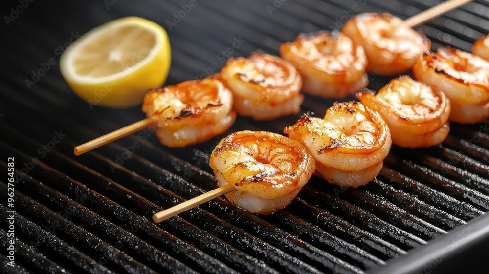 Grilled shrimp skewers cooked to perfection with lemon, offering a delicious and savory seafood experience.