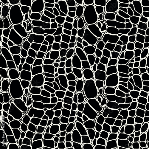Vector seamless pattern. Monochrome organic shapes. Stylish structure of natural spots. Crocodile skin abstract background. Can be used as a swatch. Spotty monochrome print.