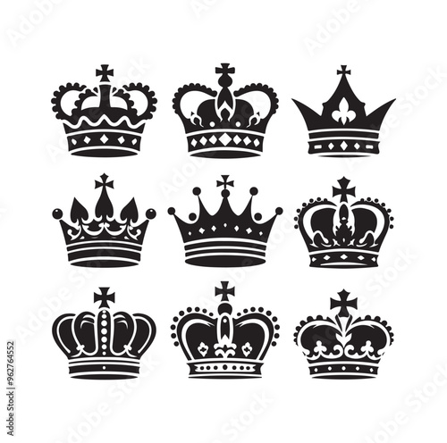 Kings crown icon set silhouette vector illustration