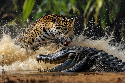 Powerful jaguar catches a crocodile with its strong jaws
