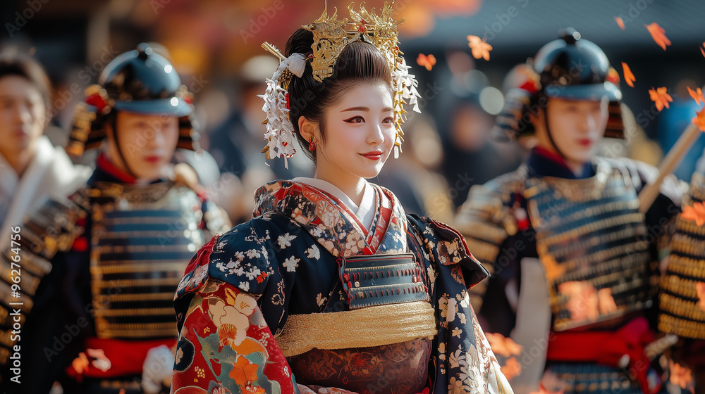 Jidai Matsuri, colorful parade with men and women dressed in elaborate Heian era clothing, samurai in shining armor marching in orderly rows, with falling autumn leaves and Japanese traditions Jidai Matsuri, colorful parade with men and women dressed in elaborate Heian era clothing, samurai in shining armor marching in orderly rows, with falling autumn leaves and Japanese traditions