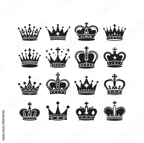 Kings crown icon set silhouette vector illustration