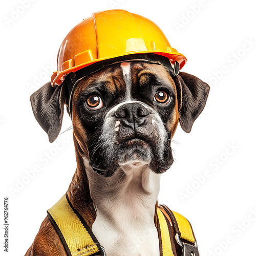 a Boxer dressed as a construction worker, isolated on white background.