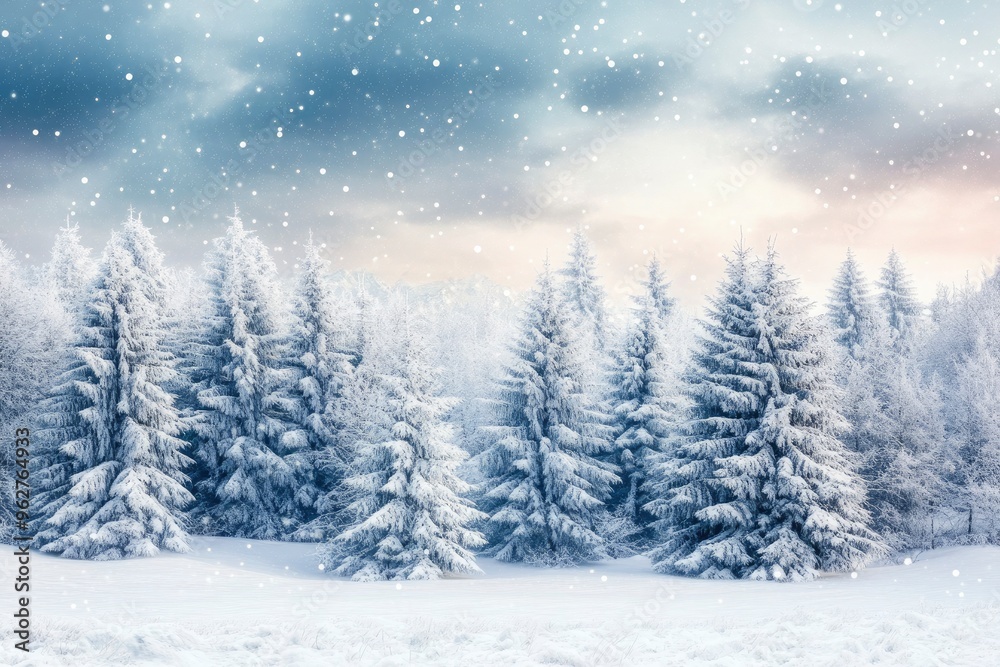 Fototapeta premium Winter background. Landscapes. Frozen winter forest with snow covered trees. outdoor with generative ai