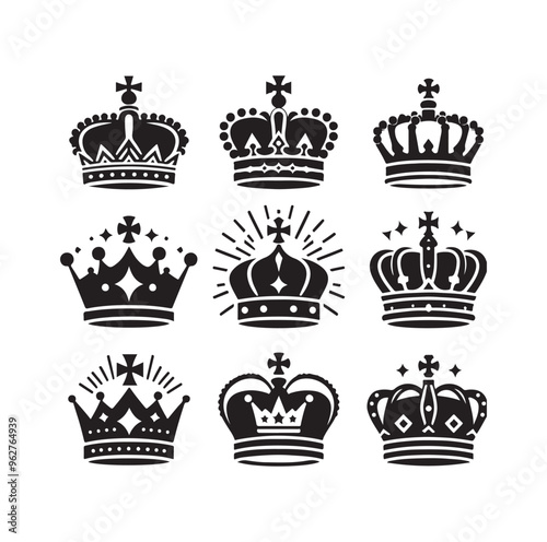 Kings crown icon set silhouette vector illustration