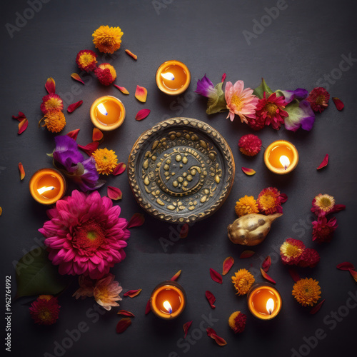 Deepavali Diwali, Hindu Festival of lights celebration. Diya oil lamp lit on traditional Puja thali, top view. photo