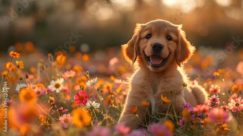 Golden Retriever Puppy in a Field of Flowers Photo