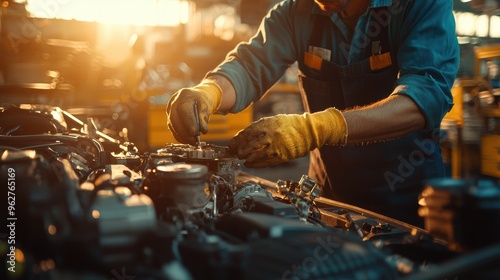 A mechanic in gloves works on an engine in a garage, illuminated by warm sunset light, showcasing skilled craftsmanship and automotive repair