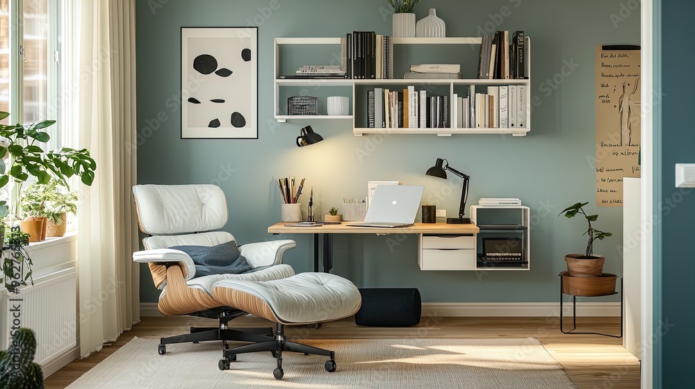 Fototapeta premium Transform Your Living Room: A Stylish Home Office Corner with Foldable Desk, Wall-Mounted Shelf, and Cozy Reading Chair—Perfect for Work and Relaxation in Any Space!