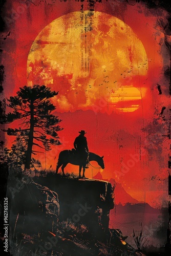 A silhouetted cowboy on horseback against a dramatic red sunset, evoking themes of adventure and the Wild West.