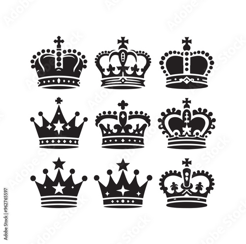 Kings crown icon set silhouette vector illustration