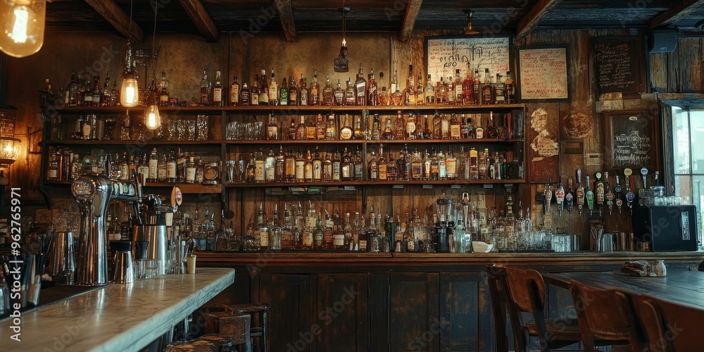 A rustic bar with shelves of liquor and beer taps. A rustic bar with shelves of liquor and beer taps.
