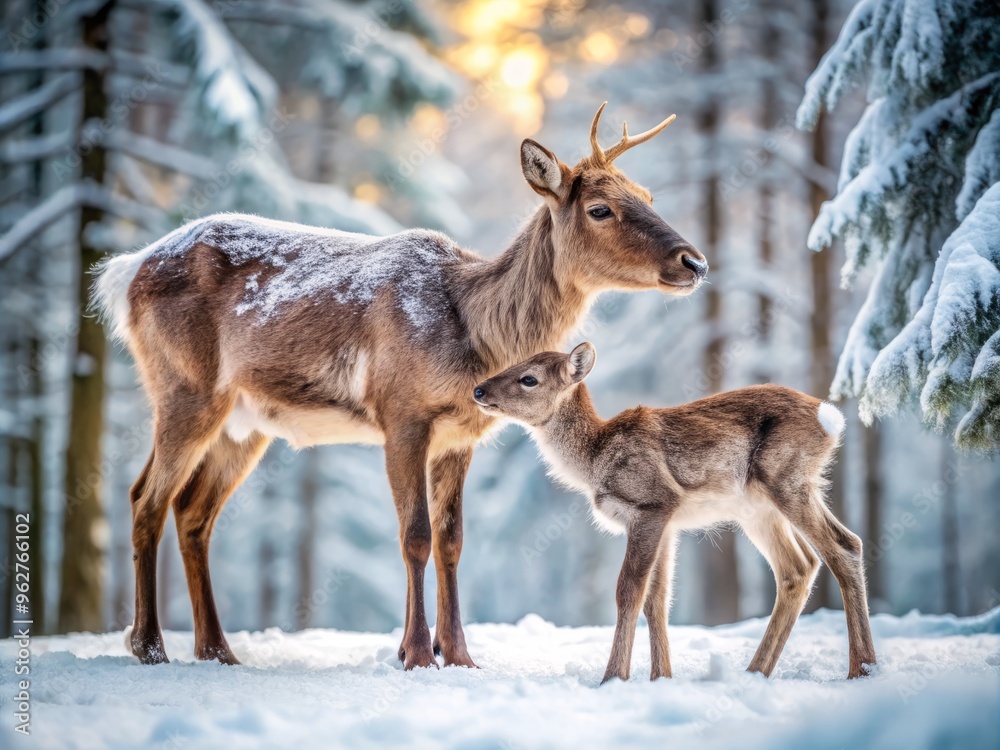 Adorable reindeer calf nuzzles mother's warm fur as they stand together in a serene, snow-dusted forest, capturing a Adorable reindeer calf nuzzles mother's warm fur as they stand together in a serene, snow-dusted forest, capturing a