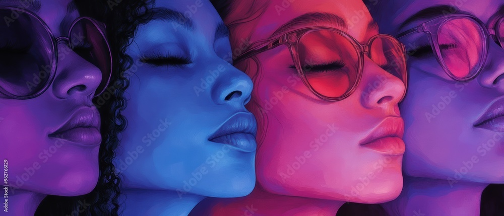 Obraz premium A vibrant artwork featuring women with closed eyes, wearing sunglasses, showcasing a blend of blue and pink hues