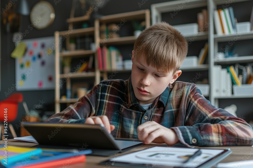 Teen boy with disabilities designs digitally using tablet computer. Sits at desk in cozy room filled with books, papers. Warm atmosphere created by bookshelf, clock. Teen focused on screen. Teen boy with disabilities designs digitally using tablet computer. Sits at desk in cozy room filled with books, papers. Warm atmosphere created by bookshelf, clock. Teen focused on screen.