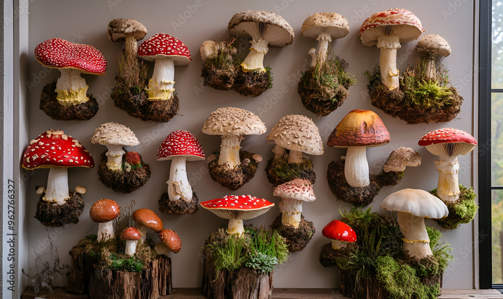 A collection of different mushrooms on a light brown. A collection of different mushrooms on a light brown.