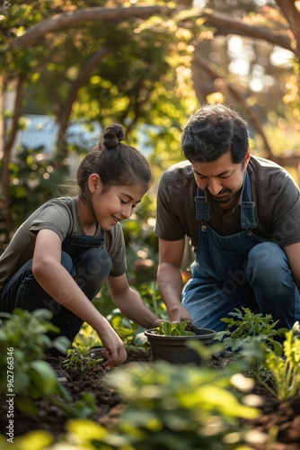 Young girl and man tend to plants in garden. Planting flowers in black pots among trees, green plants create peaceful atmosphere. Family gardening activity outdoors teaches eco-friendly habits. photo