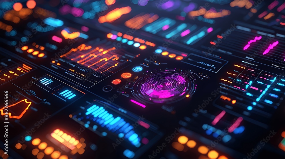 Futuristic digital interface with glowing lines, graphs, and a circular display showing data and progress. Futuristic digital interface with glowing lines, graphs, and a circular display showing data and progress.